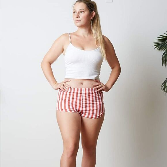 80s RARE Red White Candy Stripe Dolphin Shorts M - Picture 1 of 7